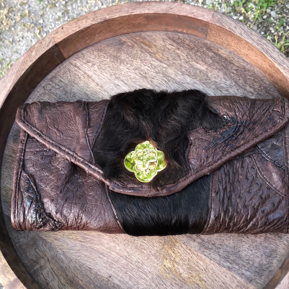 Unique Handmade Leather Cowhide and Ostrich Envelope Clutch, NWOT